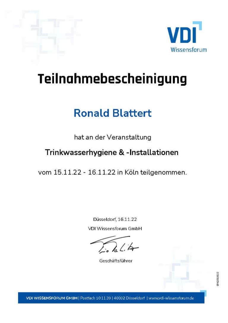 Urkunde VDI – Trinkwasserhygiene und Installation
