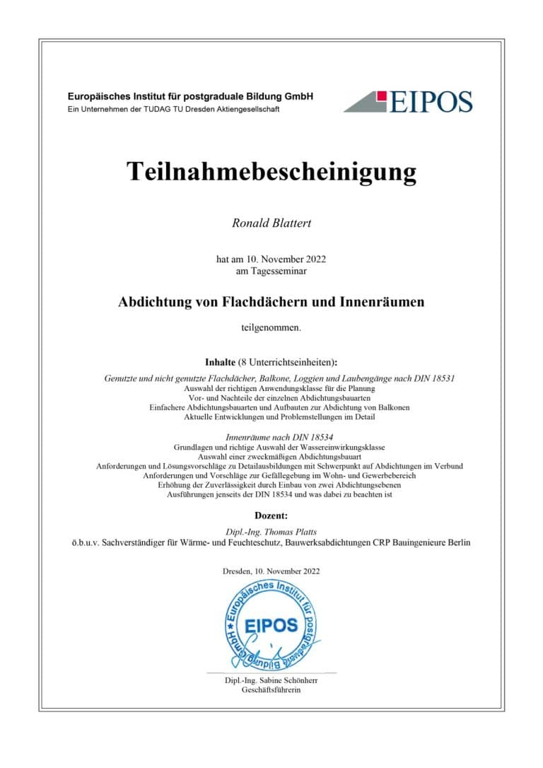 Urkunde EIPOS – Abdichtung von Flachdächern und Innenräumen
