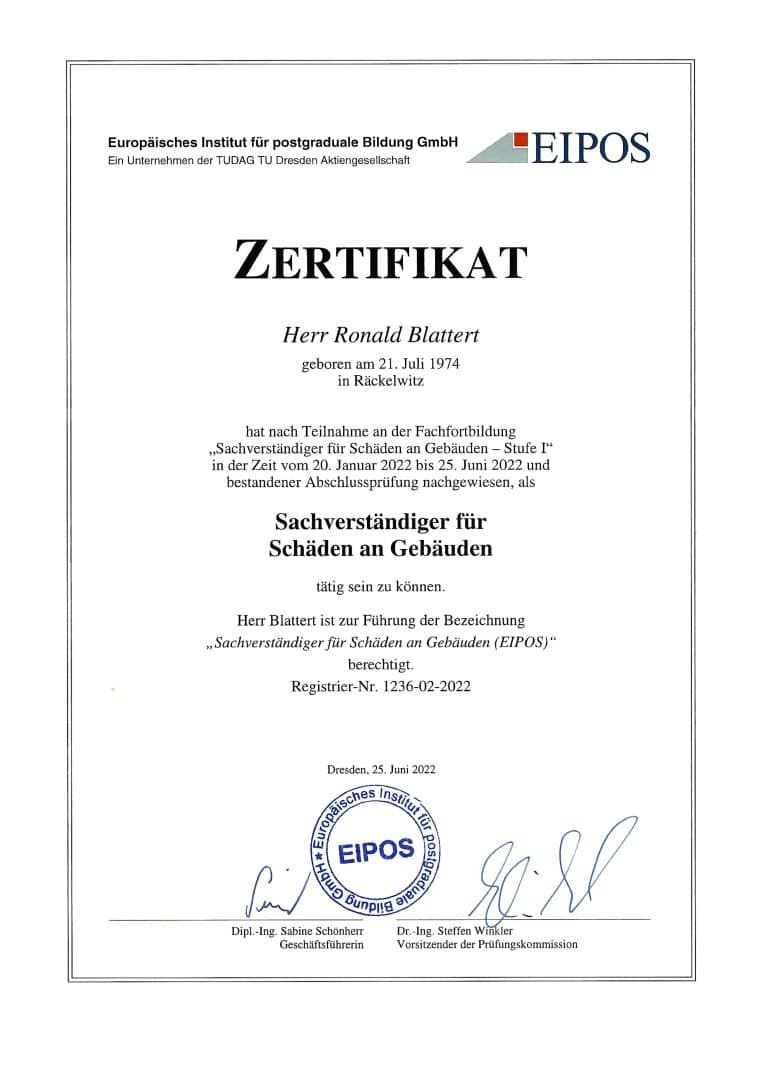 Zertifikat EIPOS – Sachverständiger für Schäden an Gebäuden