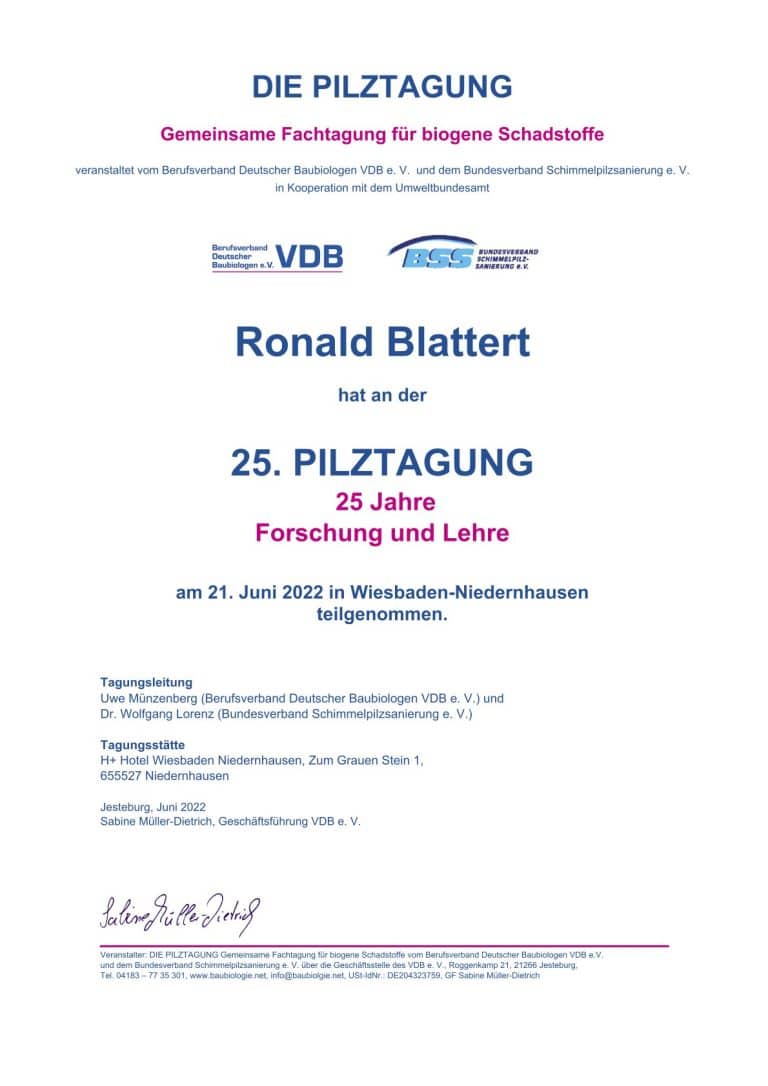 Urkunde VDB – Pilztagung Biogene Schadstoffe