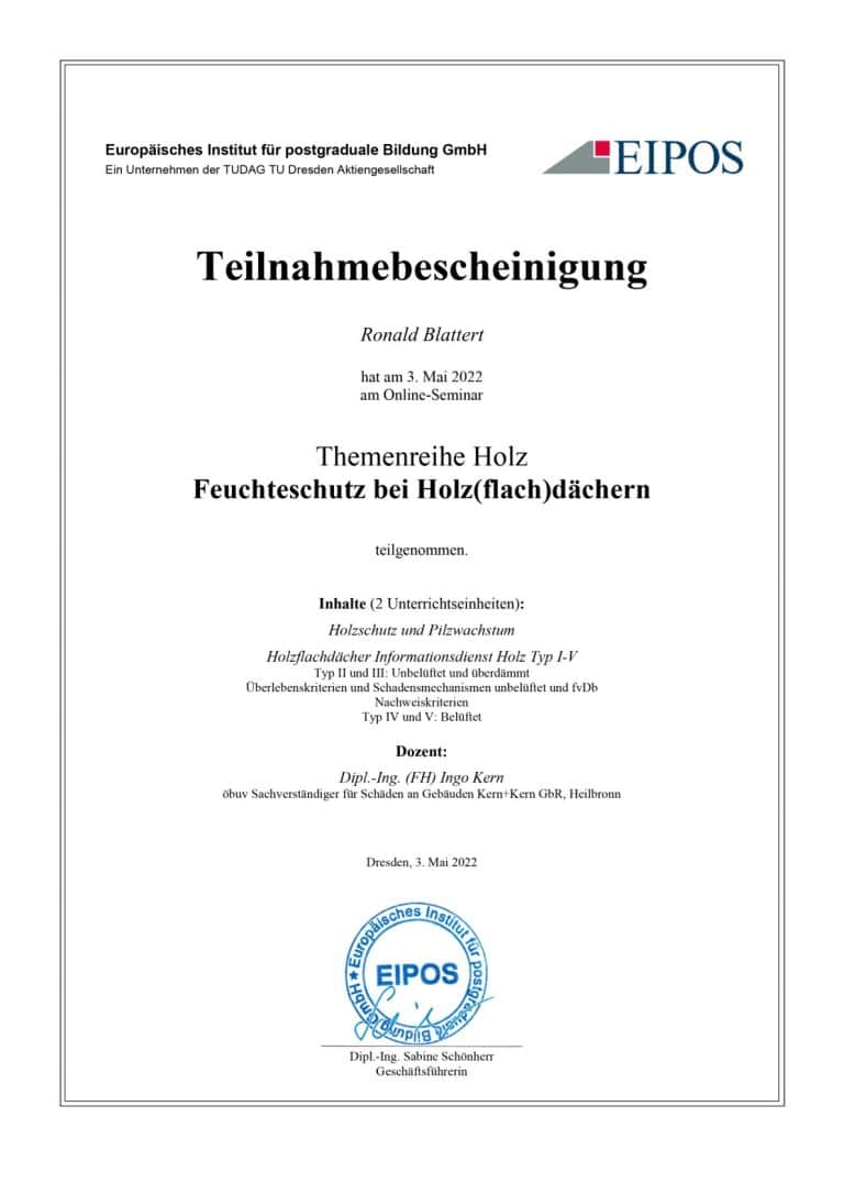 Urkunde EIPOS – Feuchteschutz bei Flachdächern