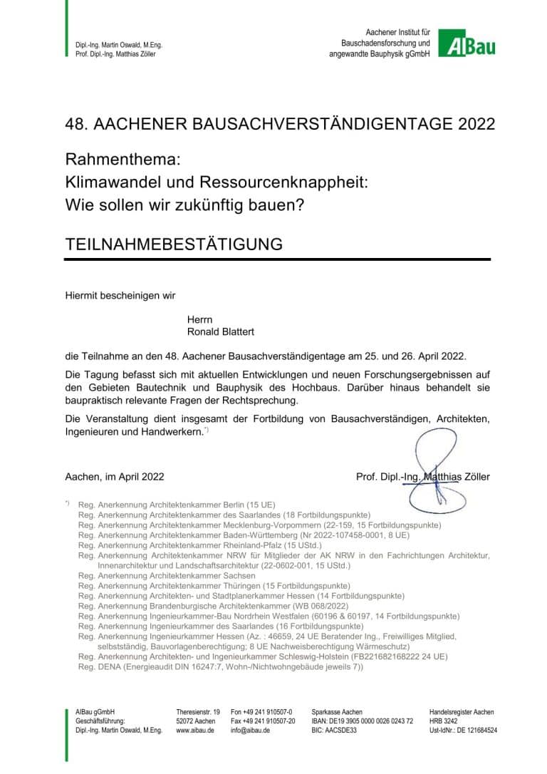 Urkunde AIBau – Bausachverständigentage 2022