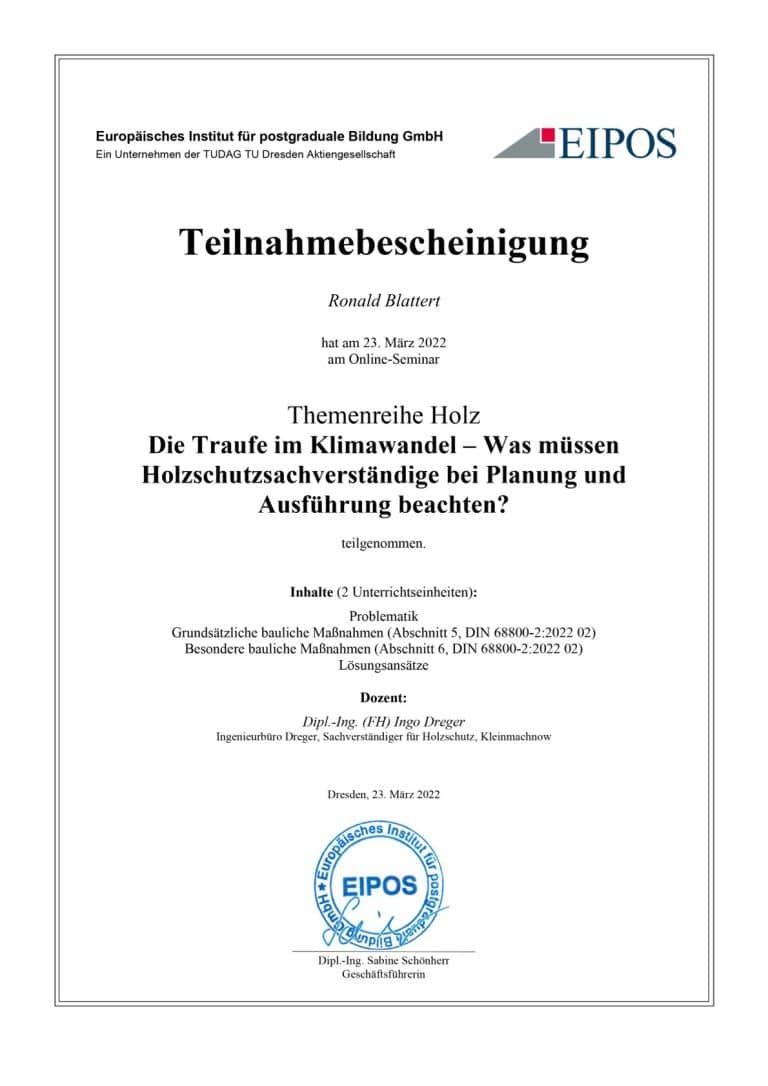 Urkunde EIPOS – Die Traufe im Wandel