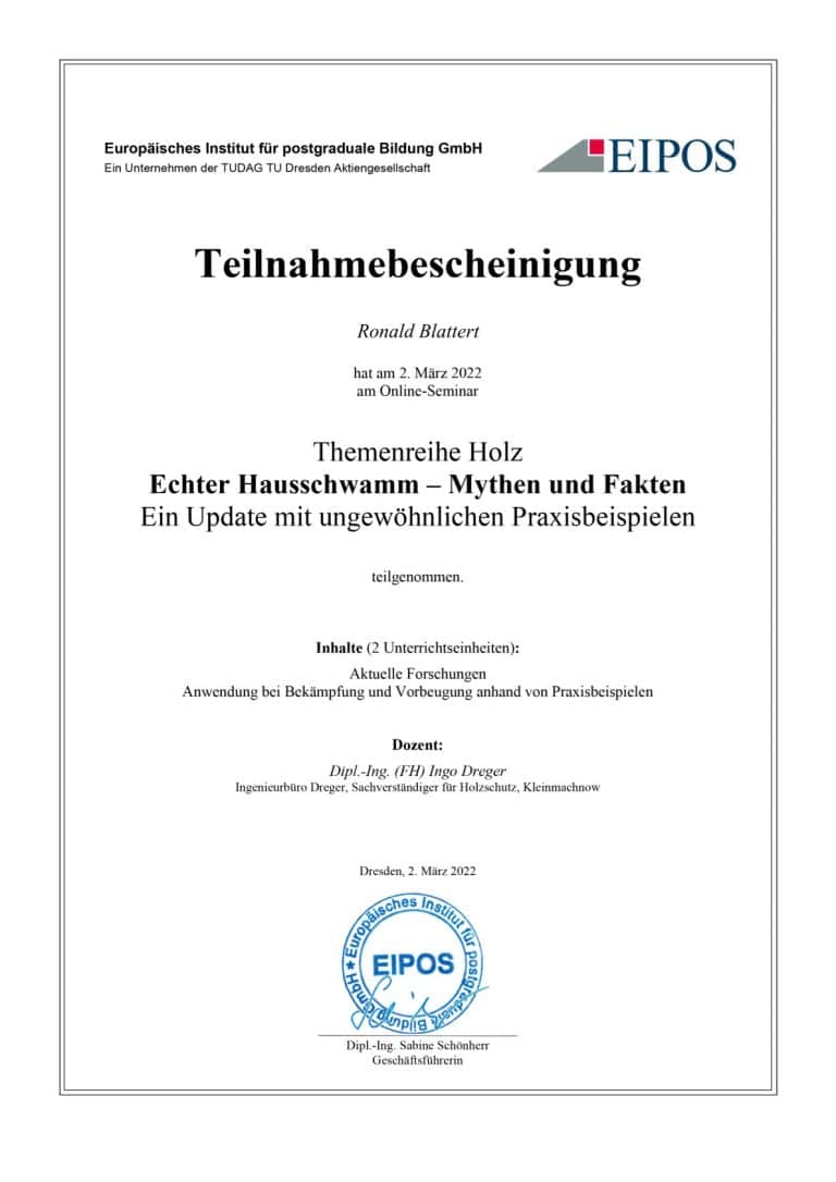 Urkunde EIPOS – Echter Hausschwamm Mythen und Fakten