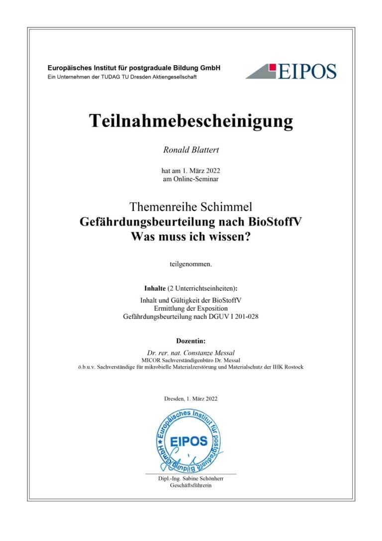 Urkunde EIPOS – Gefährdungsbeurteilung nach BioStoffV