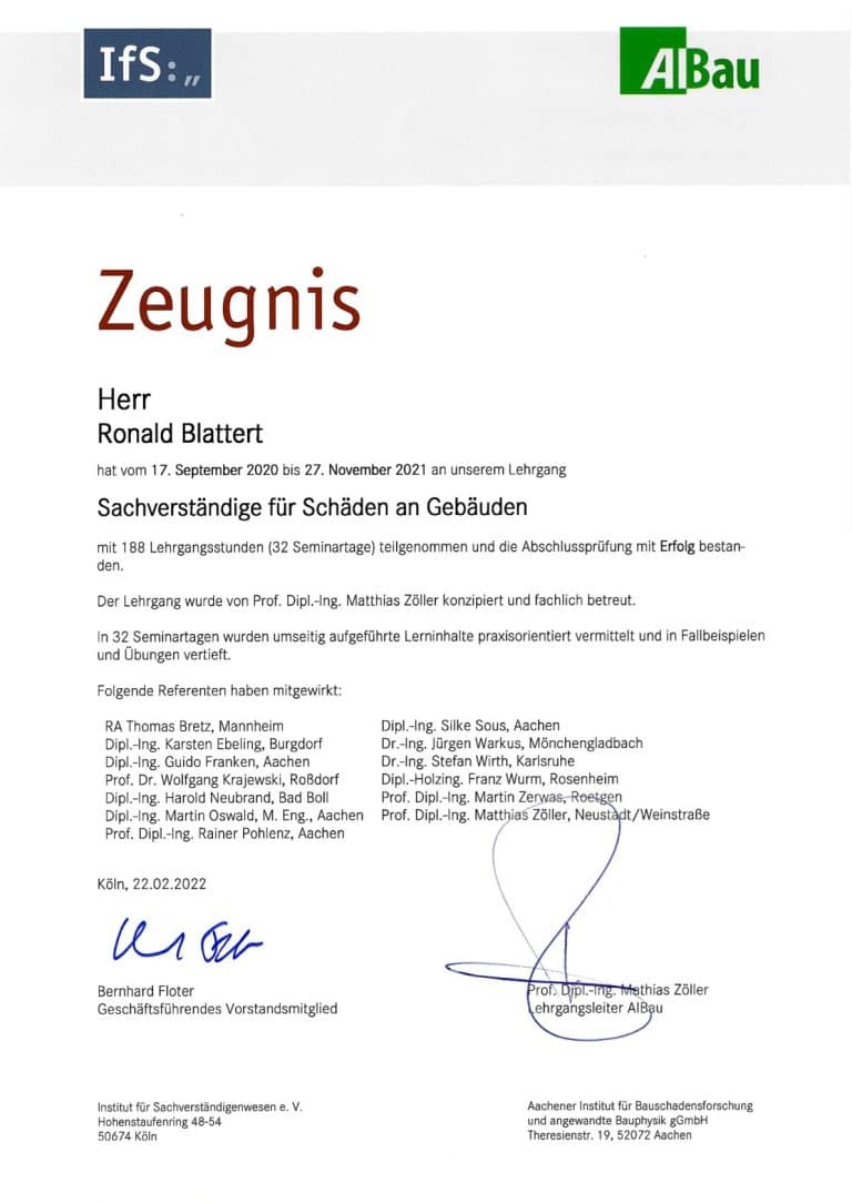 Zeugnis IfS – Sachverständiger für Schäden an Gebäuden