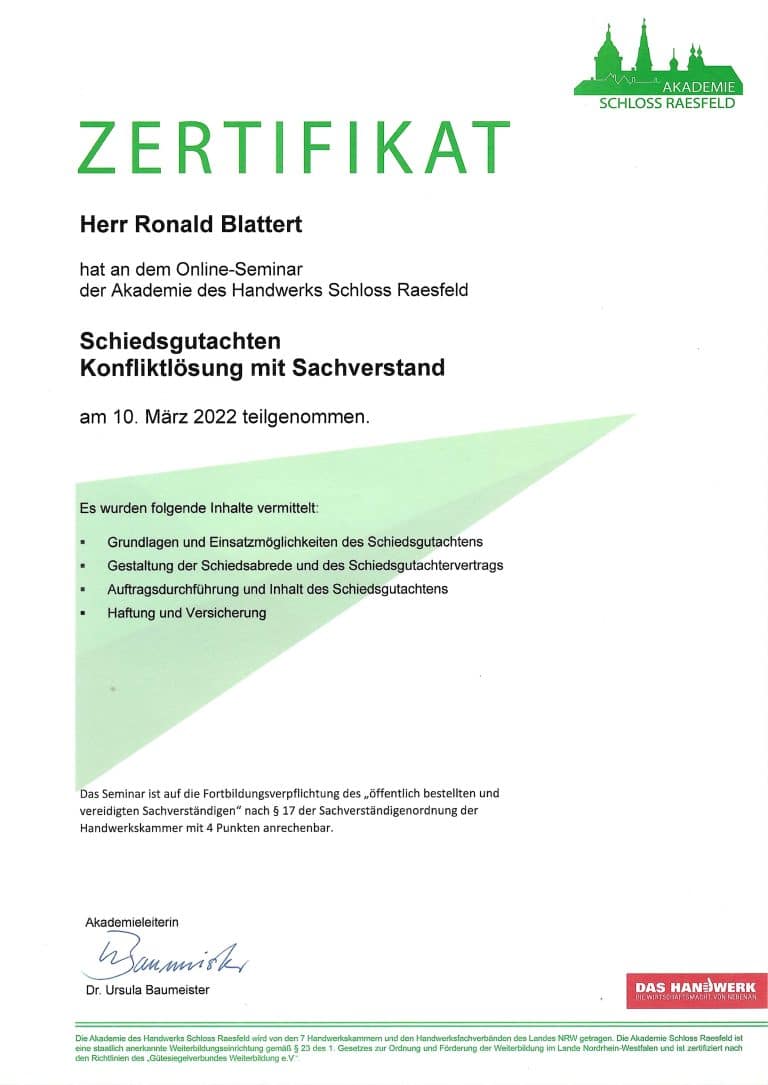 Urkunde Akademie des Handwerks – Schiedsgutachten