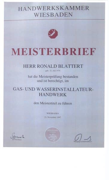 Meisterbrief für das Gas- und Wasserinstallateur-Handwerk