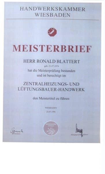 Meisterbrief für das Zentralheizungs- und Lüftungsbauer-Handwerk